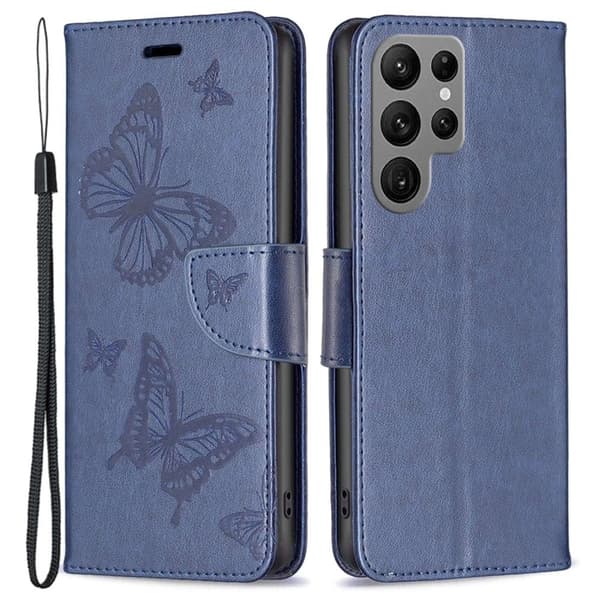 Sommerfugl Samsung Galaxy S23 Ultra Flip Etui - Mørkeblå Blue