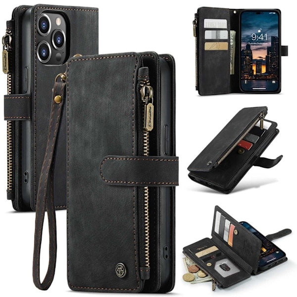 CaseMe iPhone 14 Pro Max etui med lynlås og pung - Sort Black