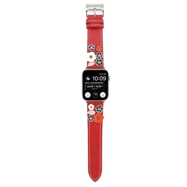 Apple Watch Series 5 44mm blomster dekorations ægte læder Urrem - Rød Red