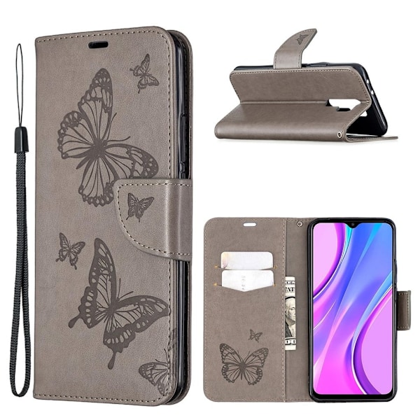 Butterfly läder Xiaomi Redmi 9 fodral - Silver/Grå Silvergrå
