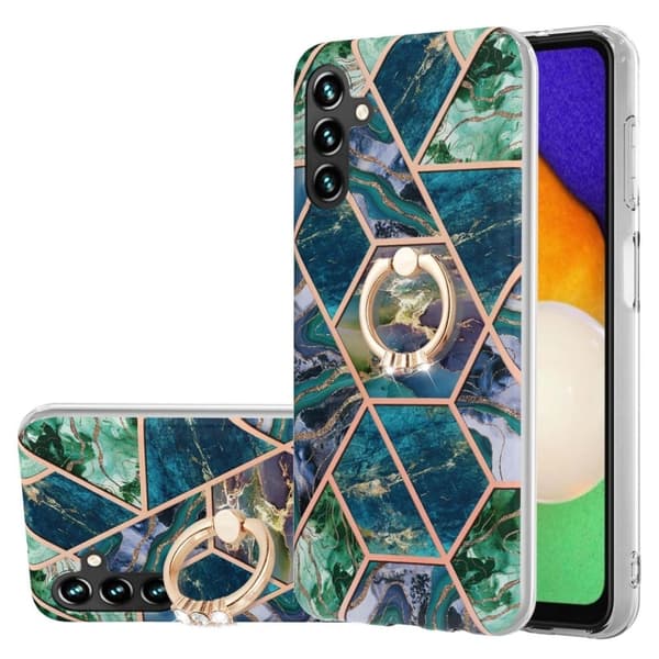 Marble Mønstret Deksel med Ring Holder til Samsung Galaxy A14 - Blå / Grønn Blue