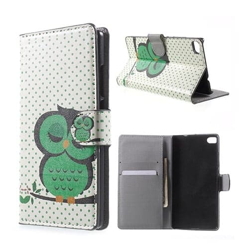 Moberg Huawei Ascend P8 Lær Case med Kortholder - Grønn sovende ugle Green