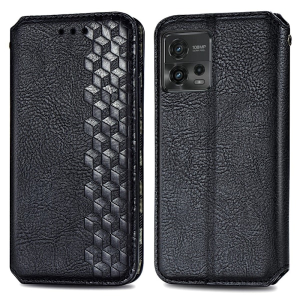 Læder Etui med A Stilfuldt Rhombus Tryk til Motorola Moto G72 - Sort Black
