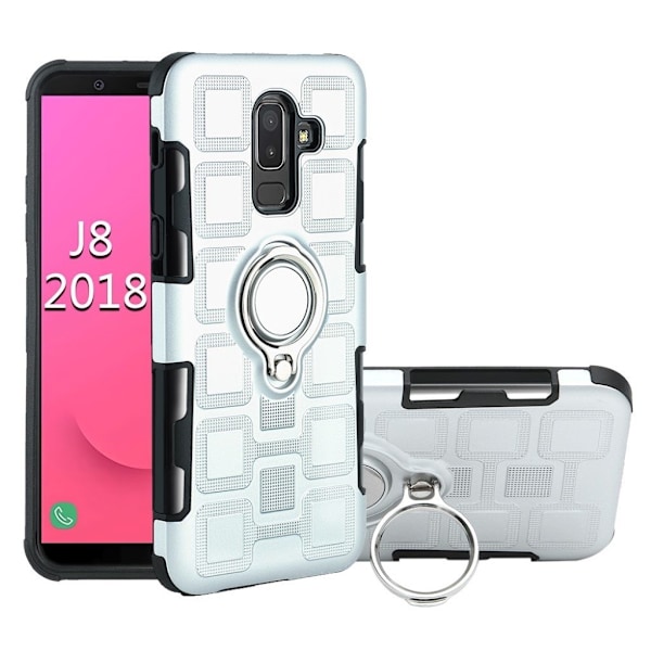 Samsung Galaxy J8 (2018) mobilskal plast silikon ringhållare utfällbart ben magnetiska bilhållare - Silver Silvergrå