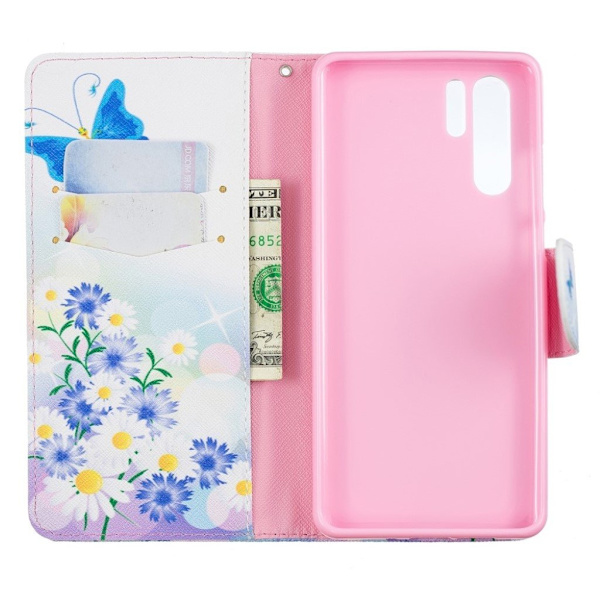 Huawei P30 Pro mønstret læder flip etui - Blå Sommerfugl og Blomster Multicolor
