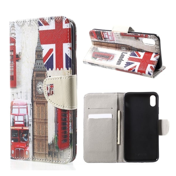 iPhone Xs Max Ristisynteetti Nahaka Pintainen Lompakko Kotelo Kuvioilla - Big Ben Ja UK Lippu Multicolor