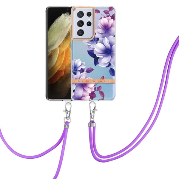 Slankt og holdbart softcover med lanyard til Samsung Galaxy S21 Ultra 5G - Lilla Begonia Purple