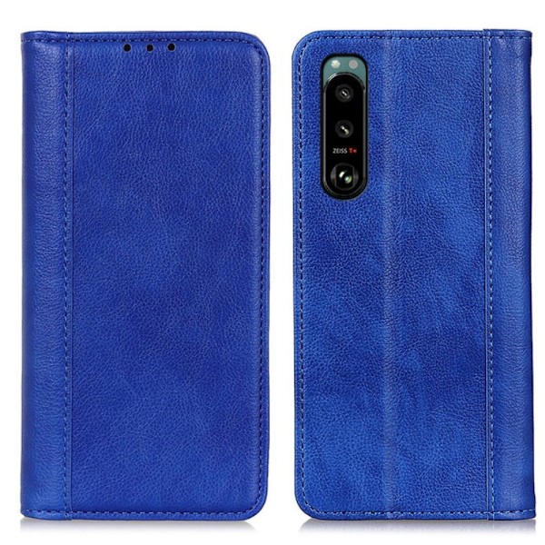Sony Xperia 5 III ægte læderetui med magnetisk lukning - Blå Blue