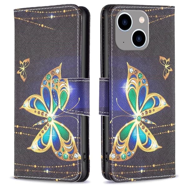 Wonderland iPhone 14 Plus flip etui - Smykke Sommerfugl Black