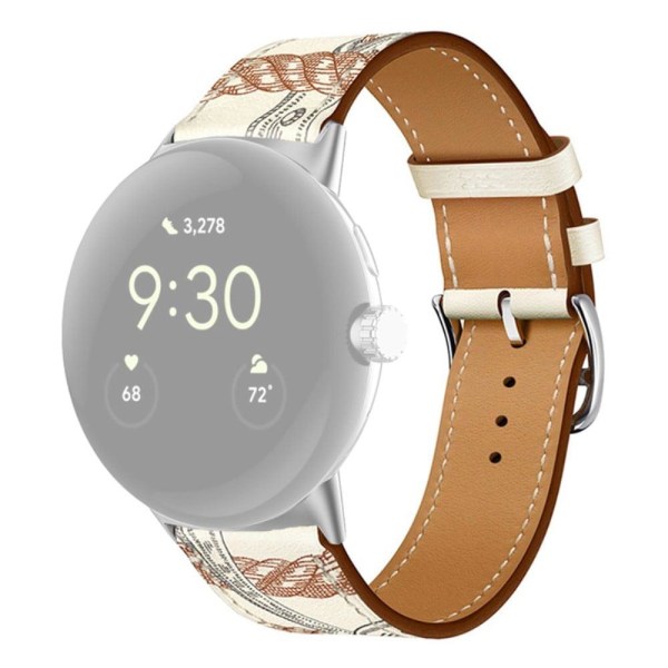 Google Pixel Watch genuine leather watch strap - White Printed Brun