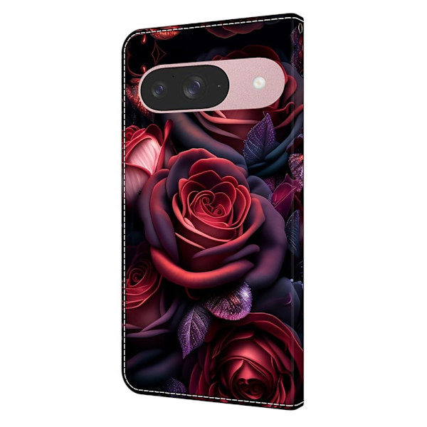 Google Pixel 9 / 9 Pro plånboksfodral mönstrat tryck stativ läder flip telefonskal - Svart Ros Röd