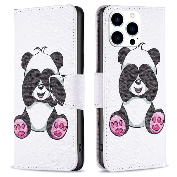 Pungetui i vegansk læder til iPhone 15 Pro, mønstertryk, fuld beskyttelse af telefon cover - Panda White