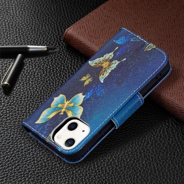 Wonderland iPhone 13 Mini flip etui - Gyldne Sommerfugle Blue