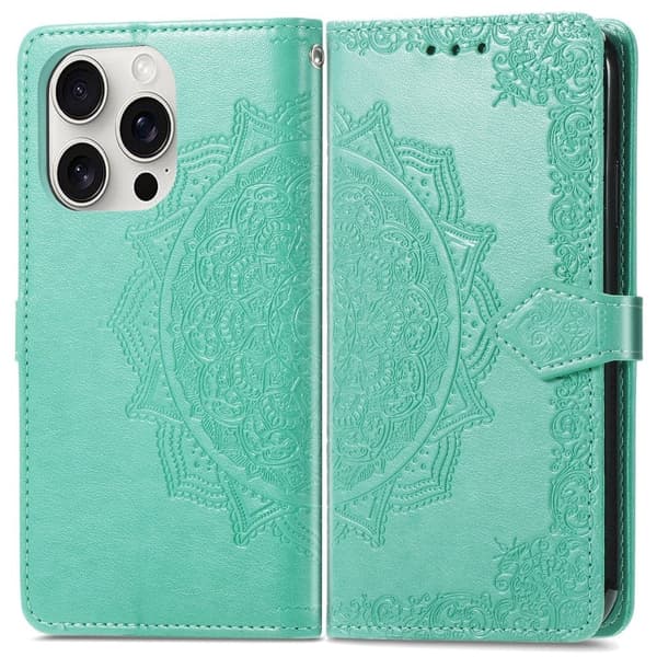 Mandala iPhone 16 Pro læderetui - Mint Grøn Green