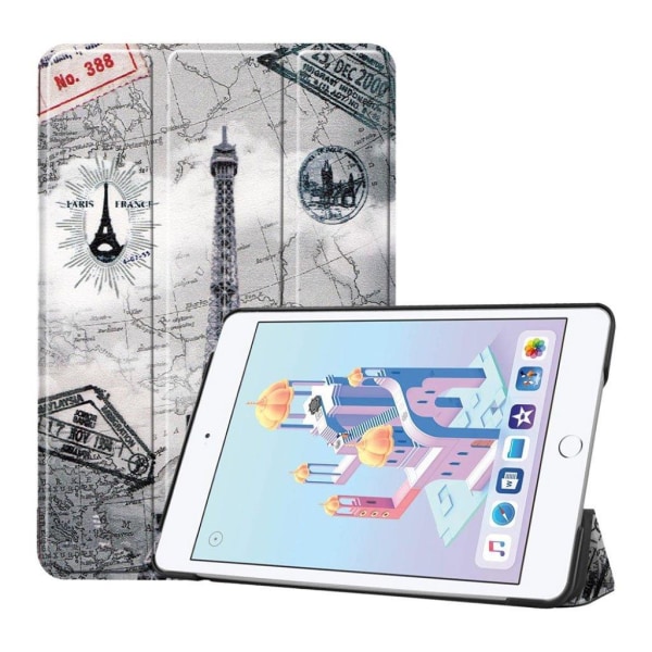 iPad Mini (2019) tre-folds læder etui - Eiffel Tårn og Landkort Multicolor