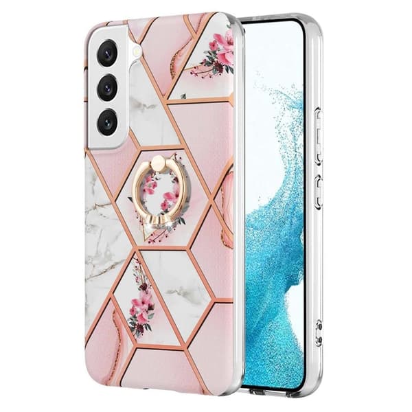 Marble Mønstret Cover med Ring Holder til Samsung Galaxy S22 - Lyserøde Blomster Pink