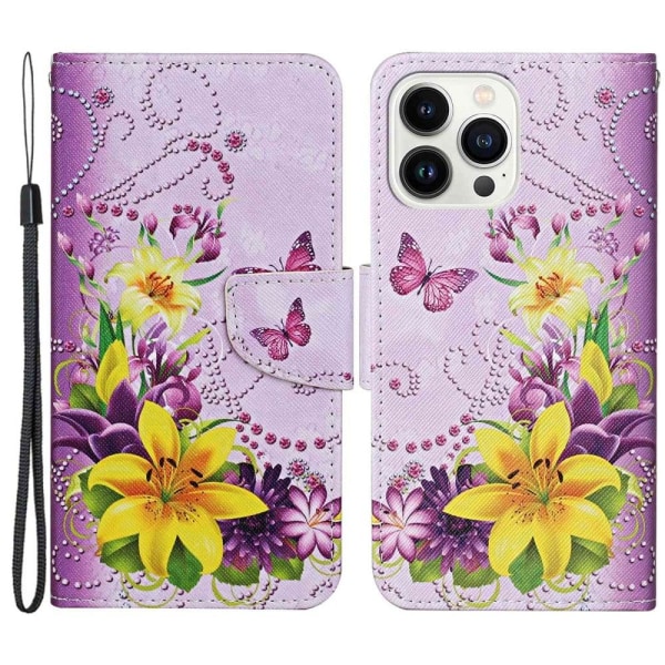 Wonderland iPhone 14 Pro flip etui - Gule Blomster / Sommerfugle Pink