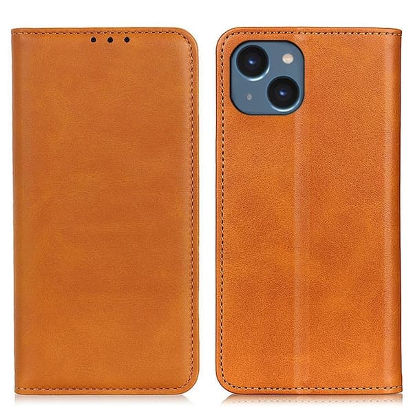 iPhone 14 Plus flip etui i ægte læder med pung – Brun Brown