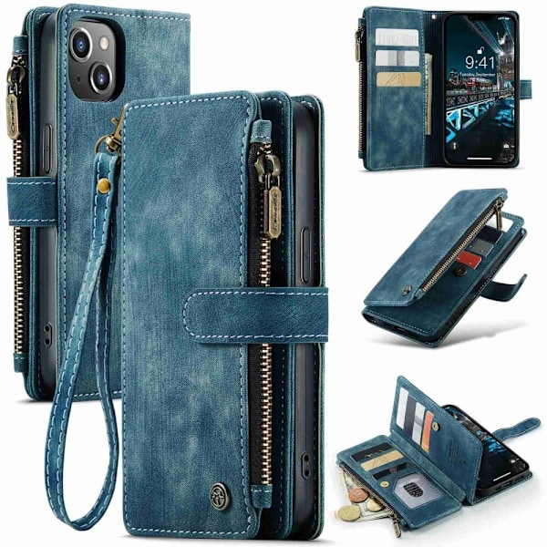 CaseMe iPhone 14 Plus etui med lynlås og pung - Blå Blue