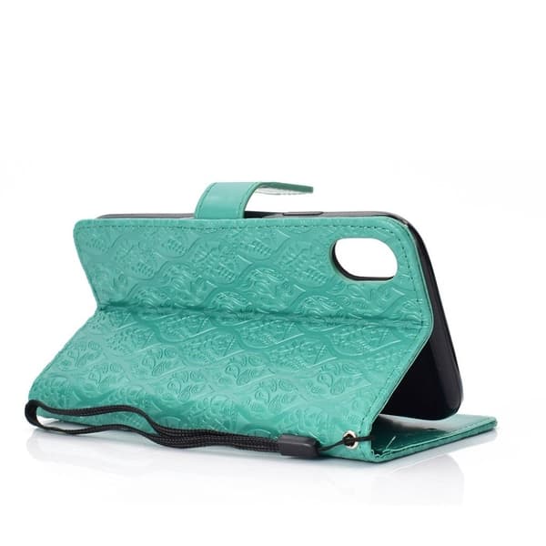 iPhone Xs Max flip cover i læder med bladtryk - Cyan Green