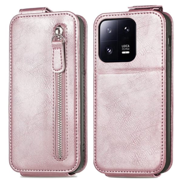 Vertical Flip Phone Etui med Zipper til Xiaomi 13 Pro - Rose Gull Pink
