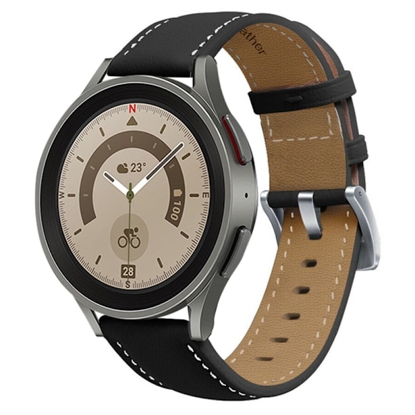 Samsung Galaxy Watch 5 (44mm) / (40mm / Pro stitching style klockarmband i äkta läder - Svart / Silverspänne Svart