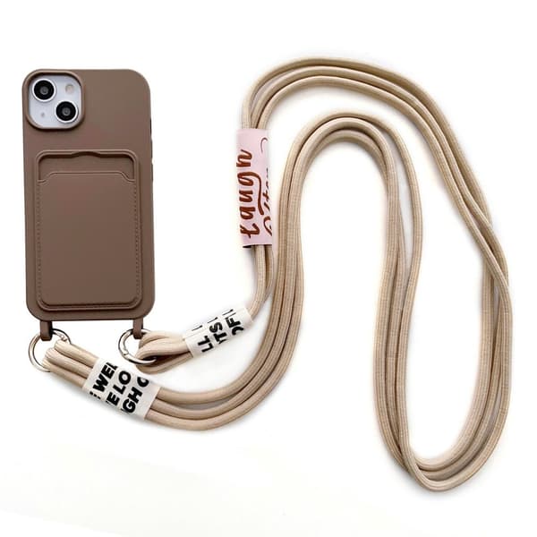 iPhone 14 Plus-silikondeksel med kortspor og snorstropp - Kaffe Brown