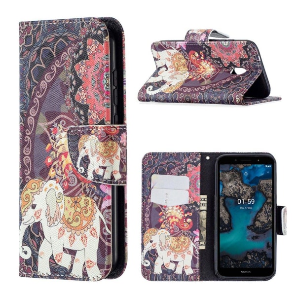 Wonderland Nokia C1 Plus Flip Etui - Blomst og Elefant Multicolor