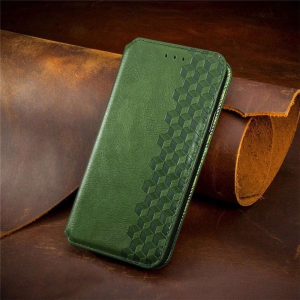 Läder iPhone 14 fodral med romb-design - Grön Grön