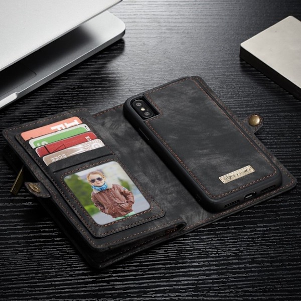 CASEME iPhone XS mobilfodral delad läder silikon plånbok vintage avtagbar – Svart Svart