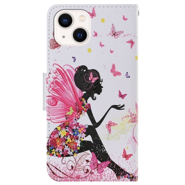 iPhone 14 Plus Cross Texture Vegansk Læder Case Pattern Printing Foldable Stand Phone Wallet Full Protection Case - Fe Pink