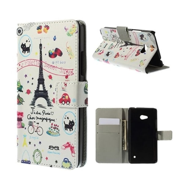 Moberg Microsoft Lumia 640 Nahkakotelo Korttitaskuilla - Eiffel Torni Ja Fruits Multicolor