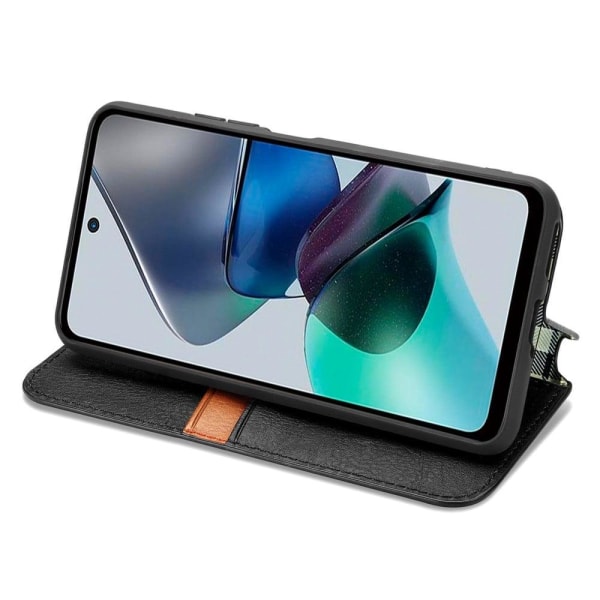 Læder Etui med A Stilfuldt Rhombus Tryk til Motorola Moto G23 / G13 - Sort Black