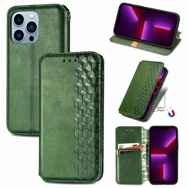 Nahkakotelo With A Stylish Rhombus Imprint For iPhone 13 Pro Max - Vihreä Green