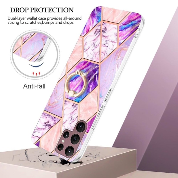 Marble Patterned Suojakuori With Ring Holder For Samsung Galaxy S22 Ultra - Vaaleanvioletti Purple