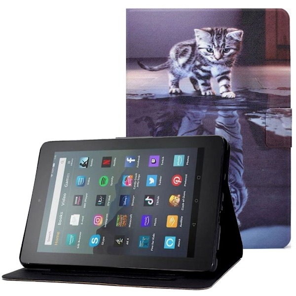 Amazon Fire 7 (2022) läderfodral med coolt mönster - Katt / Tiger Silvergrå