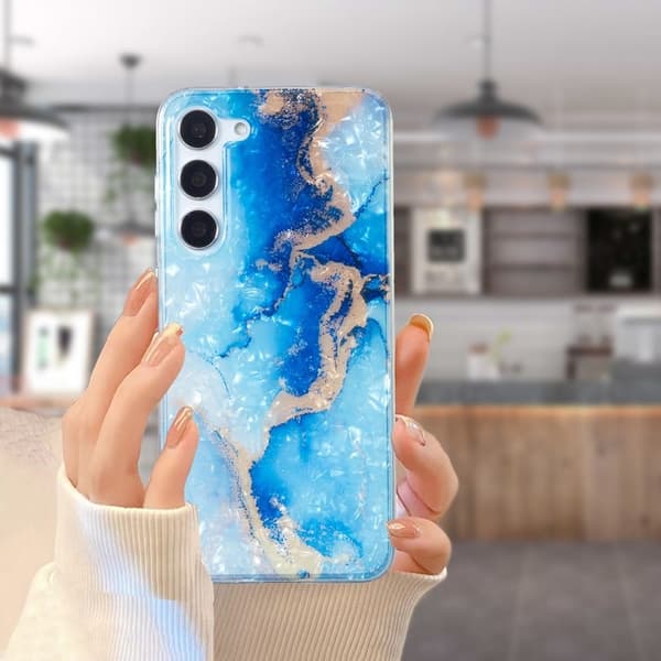 Marmormotiv Samsung Galaxy S23 Plus skal - Blå Guld Marmor Blå