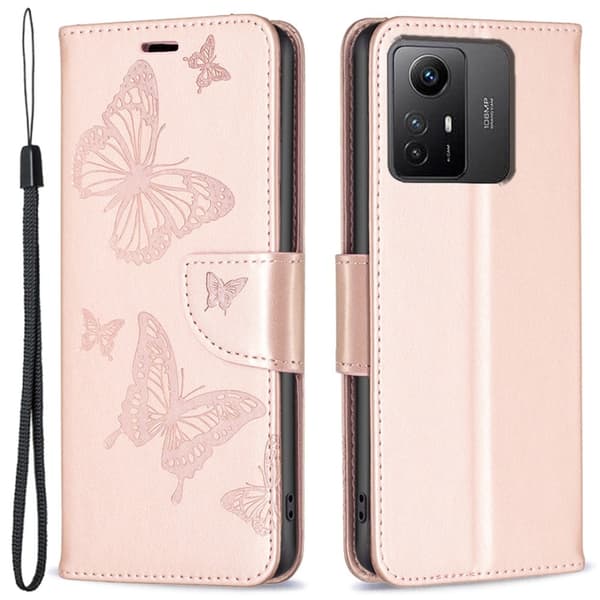 Sommerfugl Xiaomi Redmi Note 12s Flip Etui - Rødguld Pink