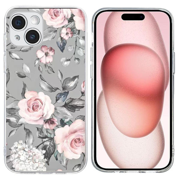 Vibe iPhone 15 Plus deksel - Blomster Med Grå Bakgrunn Silver grey