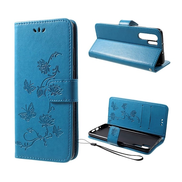 Huawei P30 Pro trykt sommerfugl blomster læder flip etui - Blå Blue