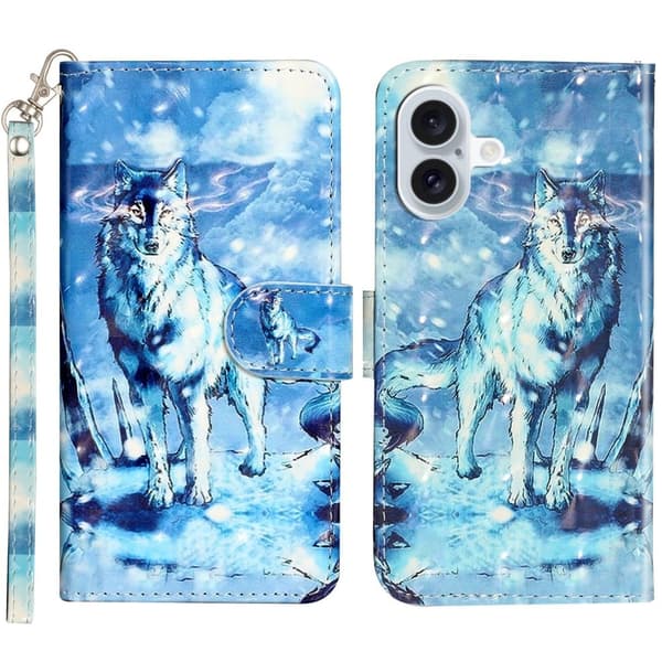 iPhone 16 Plus Etui 3D Mønster Trykt Læder Tegnebog Telefon Cover Stand Bookstyle - Sneulv Blue