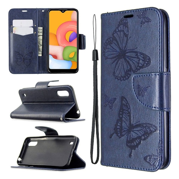 Butterfly läder Samsung Galaxy A01 fodral - Blå Blå