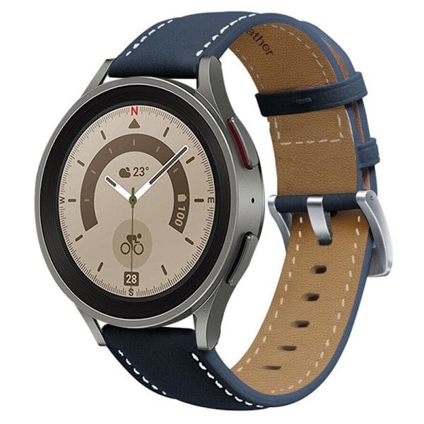 Samsung Galaxy Watch 5 (44mm) / (40mm / Pro stitching style klockarmband i äkta läder - Midnattsblå / Silverspänne Blå