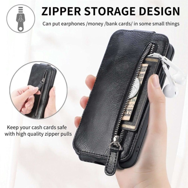 Vertical Flip Phone Suojakotelo With Zipper For iPhone 12 / 12 P Black