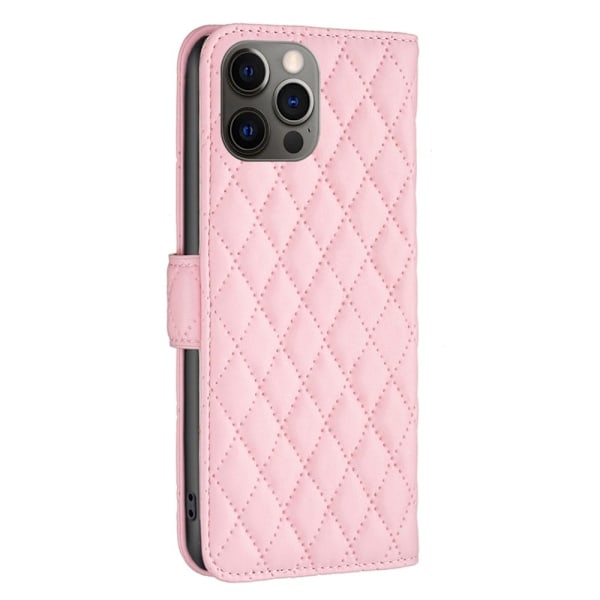 BINFEN COLOR iPhone 12 Pro 6.1 inch BF Style-14 Imprinted Rhombus Pattern Leather Wallet Case med Credit Card Holder Flip Folio Book Magnetic PU Phone Pink