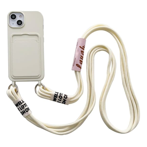 iPhone 14 Plus silikonisuojus korttipaikalla ja hihnalla - Beige Brown