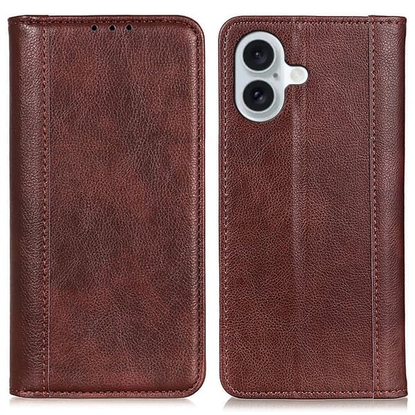 iPhone 16 Plus ægte læderetui med magnetisk lukning - Brun Brown
