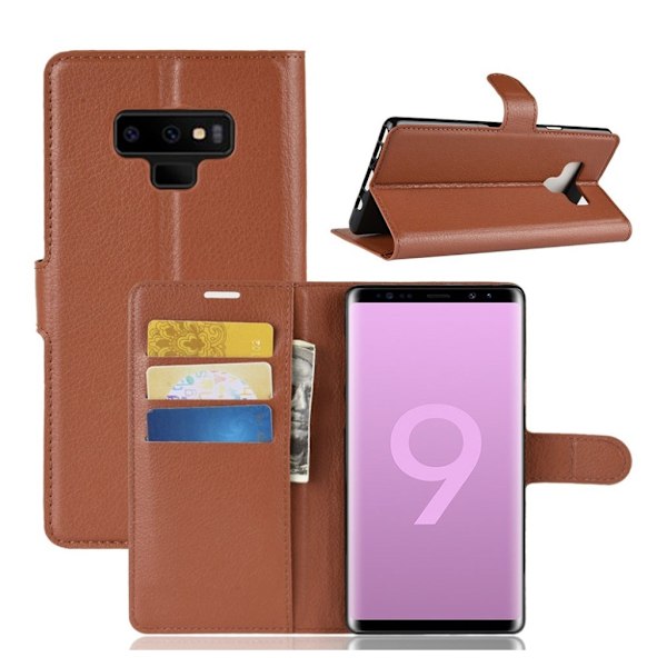 Samsung Galaxy Note9 mobiletui i kunstlæder med Litchi overfalde samt pung - Brun Brown