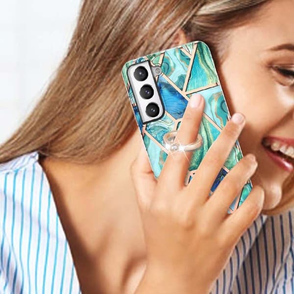 Marble Mønstret Deksel med Ring Holder til Samsung Galaxy S21 FE - Blå / Grønn Blue