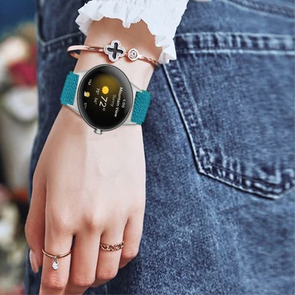 Elastisk urrem i vævet stil til Google Pixel Watch med sølvstik - Mørk Cyan Green